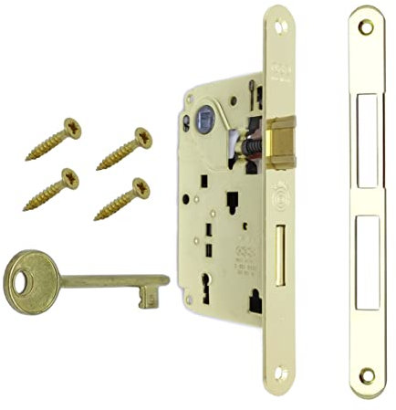 Serratura Porta Interna AGB Serie CENTRO. Entrata 50, Interasse 90. (Fronte 22x196, SCROCCO CATENACCIO CHIAVE, OTTONE Lucido)