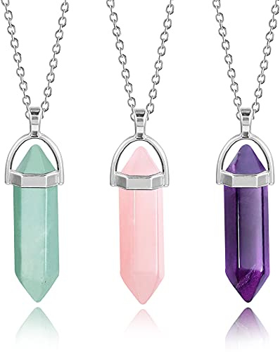 ALEXCRAFT 3Pcs Crystal Necklace Set Natural Hexagonal Point Pendant Chains | Aventurine Clear Quartz Crystal Necklace Making Set, Natural Hexagonal Pointed Gemstone Necklace Pendant for Women Men Craft
