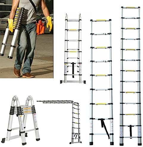 Échelle Télescopique 3,8 m, Escabeau Pliant en Aluminium 2-en-1, Echelle Multifonction, A Forme Pliable Polyvalente Escabeau, 12 Marches et Un Barres d'Équilibre, Rangement Facile, Charge Max 150 kg