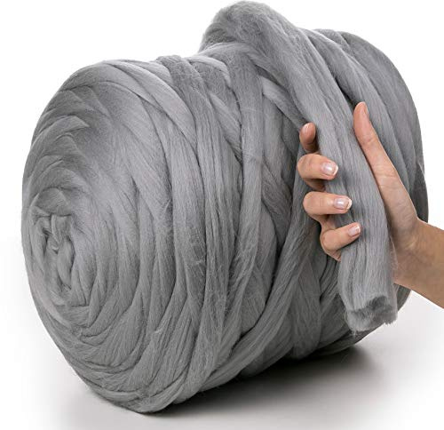 MeriWoolArt® 100% Merino Wool Yarn XXL – Super Chunky 4–5 cm Thick Wool for Roving, Needle & Wet Felting, Knitting & Arm Knitting, Ideal for Blankets & DIY Crafts (Steel, 100 g)