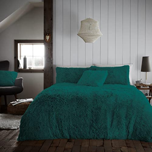 GC GAVENO CAVAILIA Hug & Snug Fluffy Fur Fleece King Size Duvet Cover Sets, Thermal Warm Long Pile Shaggy Faur Fur Bedding Sets With Matching Pillowcases, Green