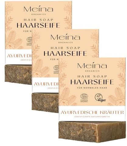 Meina Ayurveda Bio Haarseife gegen Haarausfall für Haarwachstum, Zertifizierte Naturkosmetik, Vegan, Handgemacht, Plastikfrei, Ohne Palmöl, Wie ein festes Shampoo, 80g