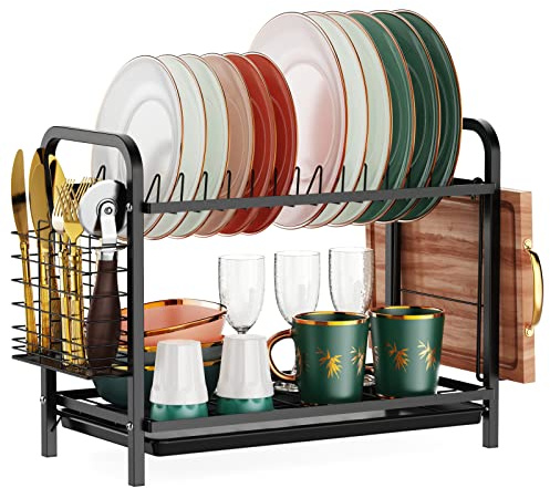 iSPECLE 2 Tier Dish Drainer Rack - Small Sink Dish Rack for Small Kitchens | Compact Drain Layout, Cutlery Holder Helps Sort Plates, Bowls, Cups, Sinks, Worktops, RV Kitchens, Daily Washing Up, Use