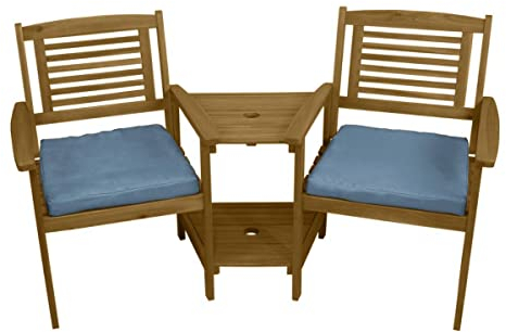 Doppel Gartenbank mit Tisch Loveseat Wetterfest 2-Sitzer Akazie Adirondack Liebessitz Sitzbank Sonnenschirmloch Ecksitz Eckbank Terrasse Balkon Gartenmöbel 320kg Kapazität Akazienholz 2 GRATIS Kissen