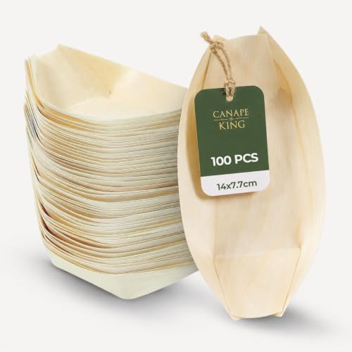 Canape King Disposable Wooden Boat Dishes 100 pcs - Pinewood Snack Sushi Serving Bowls Food Take Out Trays - Suitable for Parties Weddings Christmas Catering Restaurant (M (14 x 7.7cm))