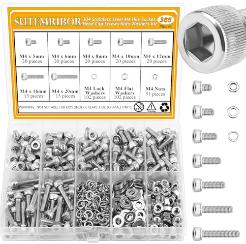 385 Pieces M4 Screws Nuts Washers Set, Sutemribor M4 x 5/6/8/10/12/16/20mm Hex Socket Head Cap Screws Nuts Washers Assortment Kit, 304 Stainless Steel, Fully Threaded