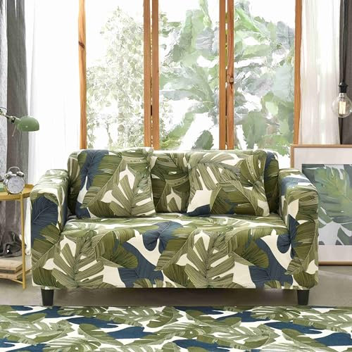 Fansu Funda Sofa, Suave y Flexible Funda Sofa, Vaca Lechera Fundas Sofas 3 y 2 Plazas Ajustables, Universal para familias Cubre Sofa, Protector Sofa con Brazos (Hoja Verde,4-Seater)