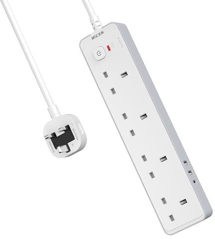 Mscien 3m Extension Lead With USB Slots (1 USB C), 4 Way Surge Protected Extension Lead With 3 Metre Extension Cable Cord, 4 Plug Extension Socket Leads, Wall Mount Power Strip With Switch, 3250W
