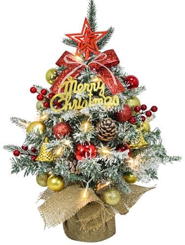 Mini Árbol de Navidad Artificial con Luces LED, 45cm Pequeño Arbol de Navidad Decorado con Nieve Artificial y Adornos para Decoración Navideña Mesa En Casa, Oficina