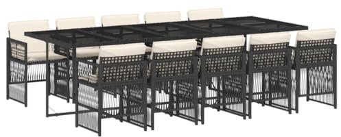 vidaXL Garten Essgruppe 11-TLG., Gartenmöbel Set Tisch mit Glasplatte 10 Stühle, Gartengarnitur mit Kissen, Sitzgruppe Terrasse, Schwarz Poly Rattan