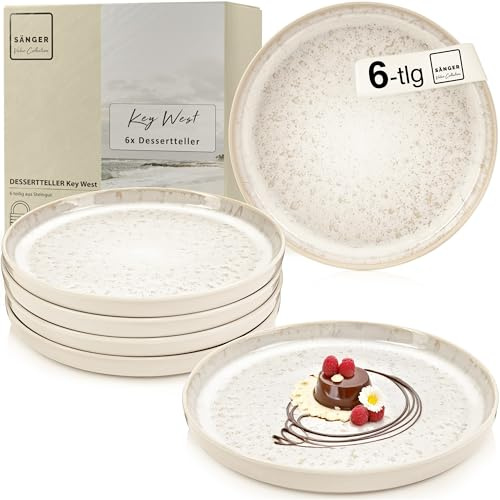 SÄNGER Key West | Dessertteller 6 teilig, Steingut Teller Set 6 Personen, Kuchenteller - spülmaschinenfest mikrowellenfest - Steingut Geschirr Creme mit sandiger Maserung | VALUE COLLECTION