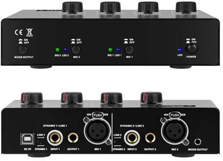 Micfuns MC02 Mikrofonvorverstärker, 4 Eingänge, max. 25 dB, DI-Box mit 48 V Phantomspeisung für dynamisches und Kondensatormikrofon