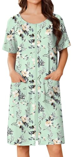 Ekouaer Bata corta con cremallera para mujer, bata de baño ligera con estampado floral, vestido de casa con bolsillos, camisón S-3XL