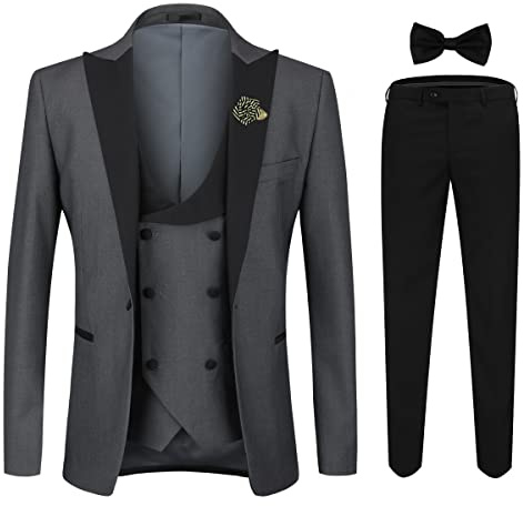 YOUTHUP Herren Anzug Slim Fit 3 Teiliger Herrenanzug Modern Smoking mit Fliege und Broschen für Hochzeit Abschlussball, Grau, M