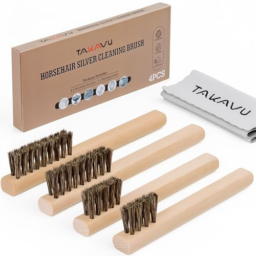 TAKAVU Horsehair Silver Brush Set of 4, Soft Detail Cleaning Brushes & Polishing Cloth, Non-Scratch Horsehair Brushes for Sterling Silver, Cutlery, Flatware, Jewelry & Antiques