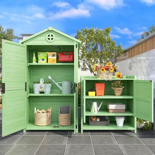 Holz Gartenschrank, Garten-Schrank-Set, Outdoor Schrank, Geräteschuppen Terrassenschrank, Balkonschrank, Gerätehaus,Enthält einen großen und Zwei kleine Werkzeugschränke, Garten Möbel (Grün A+B)