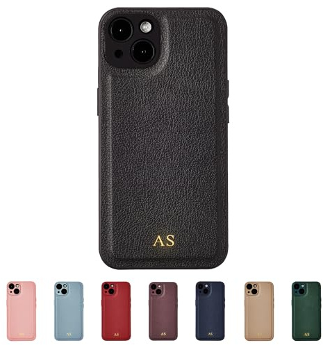 Tirita Personalisierte Handyhülle für iPhone 15 Hülle - Handyhülle Selbst Gestalten aus Veganem Leder & Initialen Personalisieren - Geschecke für Frauen & Männer - Schwarz, Gold