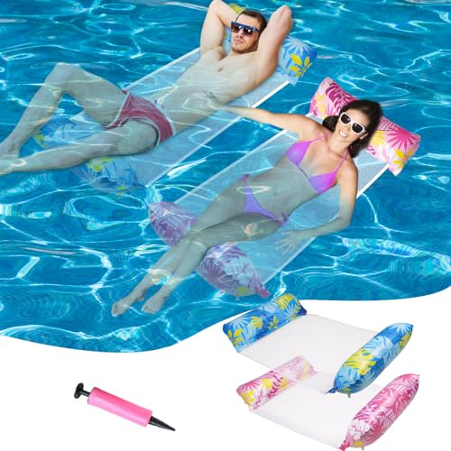 Cigtsico Pool Hängematte 2 Stück Luftmatratze MitNetz Erwachsene Poolhängematten Wasser Hängematte Wasserliege 4 In 1 Aufblasbares Schwimmbett MitLuftpumpe Kühlnetz Für Pool,See, Strand
