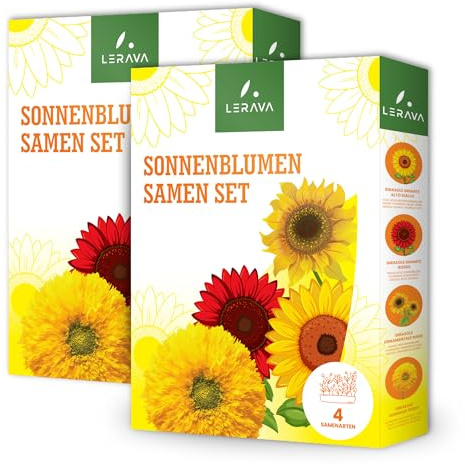LERAVA Graines de Tournesol (4 Variétés) - Graines Bio Jardinage - Tournesol Géant Jaune, Rouge, Nain Ornemental, Teddy Sungold - Semences Faciles à Planter pour Jardin et Balcon