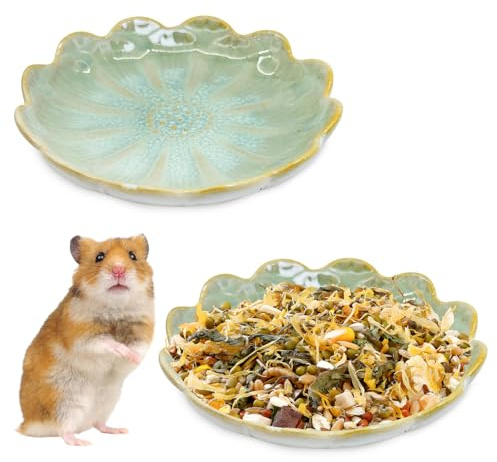 BNOSDM Shallow Ceramic Hamster Food Dish 2 Pcs Small Animals Food Bowl Sunflower Feeding Dishes for Gerbils Mice Rats 4.5in (Green)