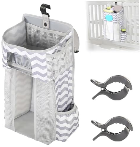 Hanging Diaper Caddy Multi Compartment Oxford Cloth Large Capacity Crib Organizer with 2 Clips Non-slip Foldable Adjustable Baby Organizer for Cot, Grey and White Stripe Hanging Diaper Caddy