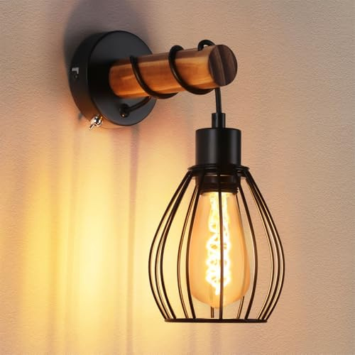 ZMH Wandleuchte mit Schalter Wandlampe Vintage: Holz Wandbeleuchtung Schwarz E27 industrial Wandstrahler aus Metall Retro Bettlampe für Wohnzimmer Schlafzimmer Flur Restaurant - Ohne Leuchtmittel