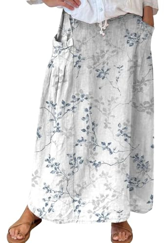 Women's Linen Maxi Skirts for UK Maxi Skirts for UK Boho Irregular Floral Skirt Summerskirts Skirt with Elastic Waist Bohoskirt with Pockets Plus Size Boho Clothing (1-Blue, XXXL)