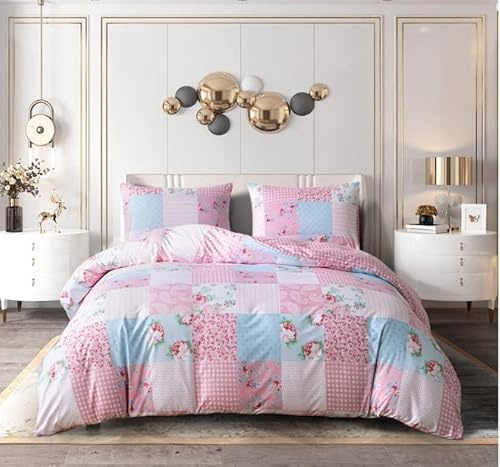 BQC Duvet Cover Set 3 Piece Microfibre Quilt Cover with Pillow Cases, Ultra Soft Easy Care Machine Washable Bedding Set (Patchwork Floral Pink, Double)