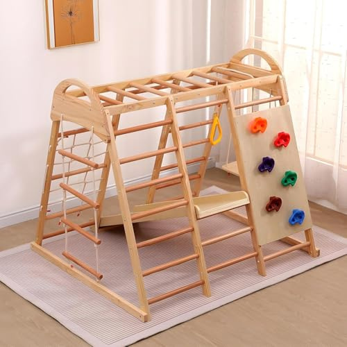 DHMYDPDZ 7 in 1 Kinder Holz Klettergerüst Indoor und Outdoor,Kletterspielzeug Set,Ausgestattet mit Rutsche, Kletterwand, Klettergerüst, Holz- und Strickleitern sowie Einer Kletterseilschaukel