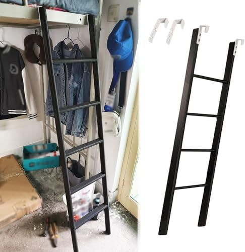 Scala per letto a castello in metallo nero, per bambini e adulti, scala salvaspazio con gancio per camper con gradini larghi sostituibili, design corto (185 cm), resistente e robusta