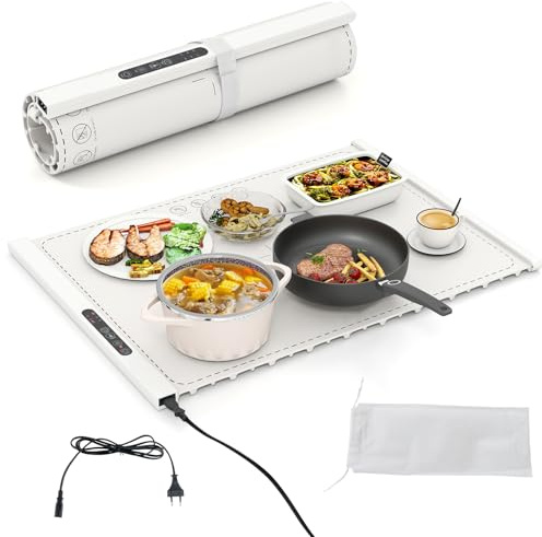 RELAX4LIFE Tappetino Riscaldante per Alimenti, Scaldavivande Elettrico Arrotolabile in Silicone, con Tempo e Temperature Regolabili, Cinturino Autobloccante, per Scongelamento (60 x 44cm,Bianco)