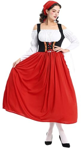 Women Midi Dirndl Dress Oktoberfest Dress Traditional Costume for Oktoberfest Beer Maid Costume Red