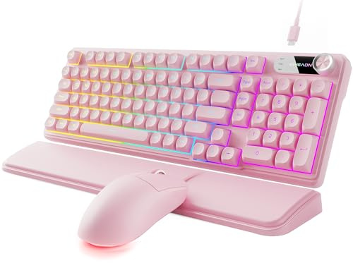 EWEADN C98 Wired Keyboard and Mouse Combo, Wired Computer Keyboard with Wrist Palm, Double-Shot Keycaps, Silent RGB Backlit Keyboards for Windows/MAC/PC (Pink)