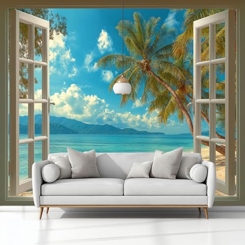 Fotomurales 250x175 cm Papel Pintado Tejido no Tejido Vista Al Mar Ventanas Palmeras Azul, Moderna Murales Fotográfico Decoración de Pared Sala Cuarto Oficina Salón