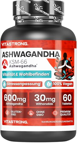 Vitastrong Ashwagandha KSM-66, Extracto Withania Somnifera (Ginseng Indio) | 30mg de Witanólidos, Complemento de Ashawanda Concentrada KSM 66, 60 Comprimidos 100% Vegano Sin OGM, Gluten, Lactosa