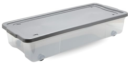 ALEEZ - 47L Underbed Storage Box with Wheels & Lid - Rolling Plastic Storage Container Organizer for Bedroom, Home, Office, & Closet - Stackable Space Saving Box for Clothes, Toys, Bedding (Clear, 1)