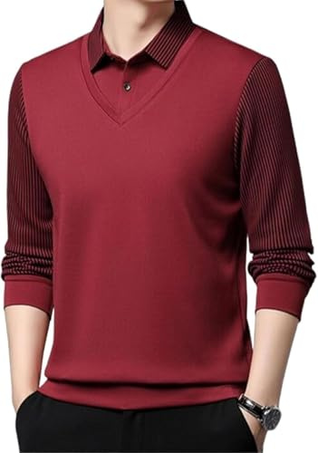 Chemise deux pièces à revers rayée pour homme, faux deux pièces, polo, haut professionnel, haut décontracté, Rouge, XXL