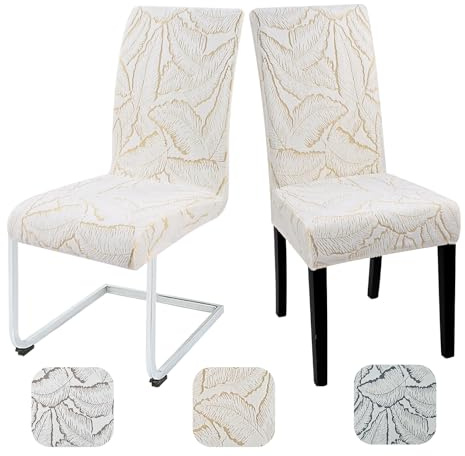 Alishomtll Set of 6 Stretch Leaf Print Dining Chair Covers, Beige | Elastic Removable Washable Reusable Chair Slipcovers, Anti-Dirt Seat Protector for Dining Room Hotel