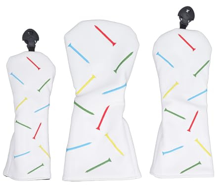 Golfschläger-Kopfbedeckungs-Set, PU-Leder-Golfschläger-Schutzhülle, Schlägerkopfhülle mit drehbaren Nummernschildern, 3-teilige Golfschläger-Schlägerkopfhüllen für Driver Hybrid (Weiß)
