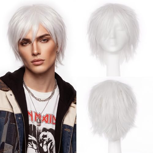 S-noilite Peluca de cosplay unisex corta y recta, con cola ondulada y pelo de anime para mujeres y hombres, ideal para fiestas de Halloween y disfraces,Blanco