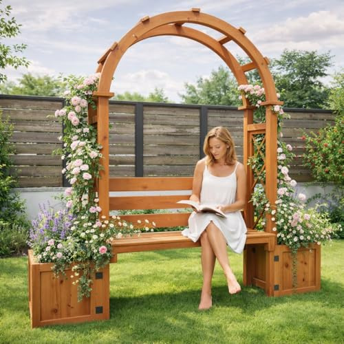 Garten Rosenbogen mit Bank und Pflanzkästen, Holz Rankbogen mit Sitzbank für Rosen und Kletterpflanzen, Rankhilfe Pergola Gartenbank für Terrasse Hof Garten (Natürlich, 160 * 30.5 * 160cm)