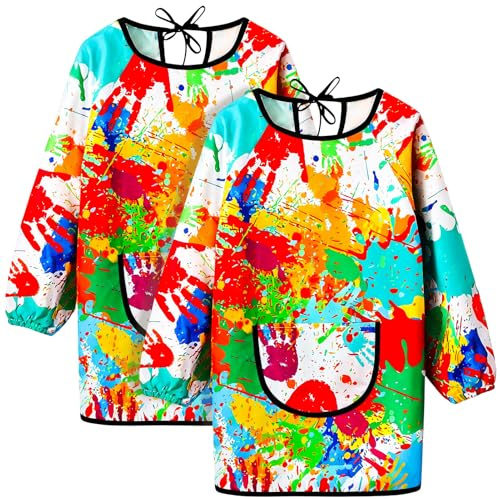 ViEinkaufen 2 Pack Long Sleeve Kids Painting Apron | For 3-6 Years Children Art Smock with Large Pockets for Boys Girls Craft Cooking