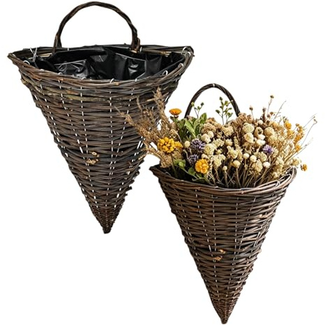 Generisch 2 Stück Rattan Wand Blumenampel konisch, 32x25cm Natur mit Folie, Pflanzkorb geflochten zum Hängen halbrund, Pflanzenaufhänger für Garten Terrasse Balkon (Braun_30x35cm)