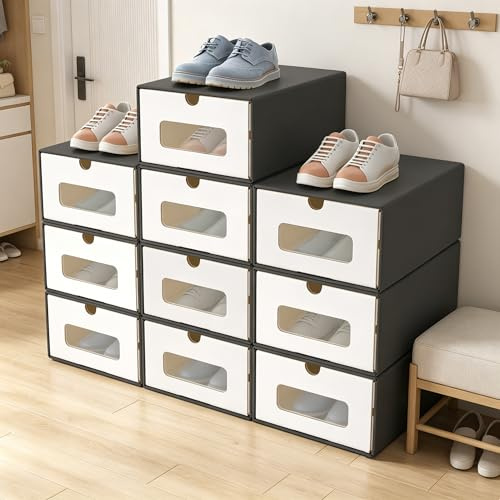 Yunvin Shoe Boxes, 10 pcs Stackable Box Set, Cardboard Multi-Purpose Storage Box with Visual Window, Space Saving Practical Storage Organiser for Home and Office, Anthracite