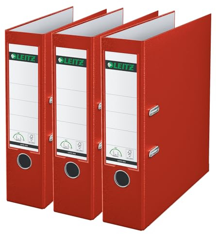 Leitz Qualitäts-Ordner 180° Plastik, 3er Pack, das Original, A4 Aktenordner 8 cm breit, 90% Recycling-Karton, 30% Pre-Consumer Recycling-Kunststoff, 180° Mechanik, 600 Blatt Kapazität, Rot, 310335025 | 8 cm breit, Karton, 180° Mechanik, 600 Blatt Kapazität, Rot, 310335025