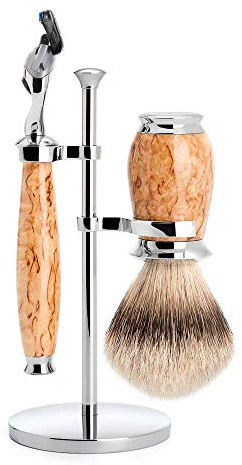 MÜHLE Rasierset - Purist Serie - Silberspitz Dachszupf - kompatibel mit Gillette-Klingen - karelische Maserbirke