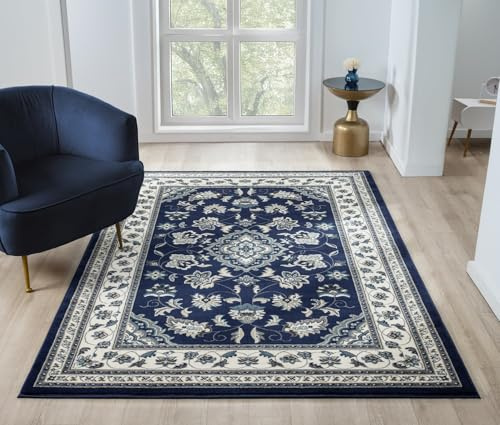 Lord of Rugs Sherborne Traditional Navy Rug for Bedroom Living Room Oriental Floral Bordered Carpet Navy Blue Quality Oriental Rug Large 160x230 cm (5'3x7'7)