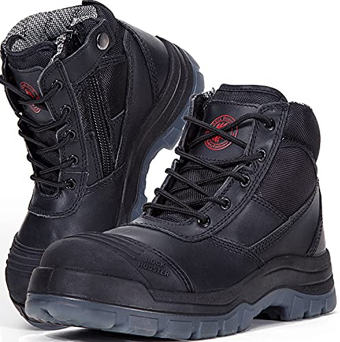 ROCKROOSTER Mens Work Boots, 6 inch Steel Toe Side Zipper Safety Black Slip Resistant Work Boot, TPU Outsole Breathable Leather Shoes, ASTM F2413-18 Static Dissipative SD (AK050BK US 12)