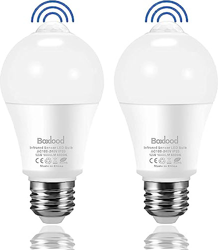 Boxlood LED Glühbirne mit Bewegungsmelder, 12W 1000LM ersetzt 100W, PIR-Sensor und Dämmerungssensor E27 Automatisch Auf Aus Licht, für Haustür Balkon Garage Treppen Flur, 6000K Kaltweiß, 2er Pack