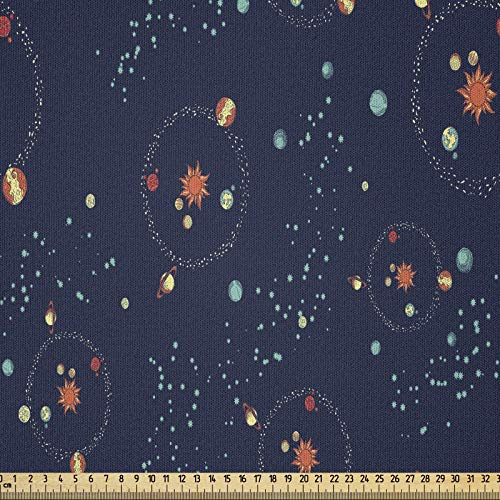 ABAKUHAUS Astrologie Stoff als Meterware, Sonnensystem-Kosmos, Microfaser Multi Zweck Dekostoff für Kunsthandwerke, 3M (230x300cm), Türkis Dunkelblau Orange